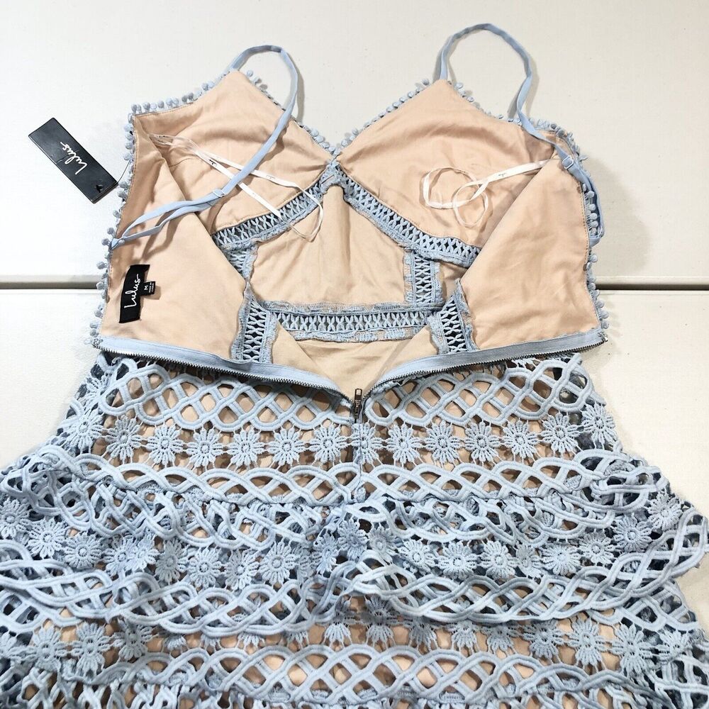 LULUS Dress Womens Beauty and Lace Blue Crochet Lace Mini Zipper Adjustable Sz M - Picture 4 of 10